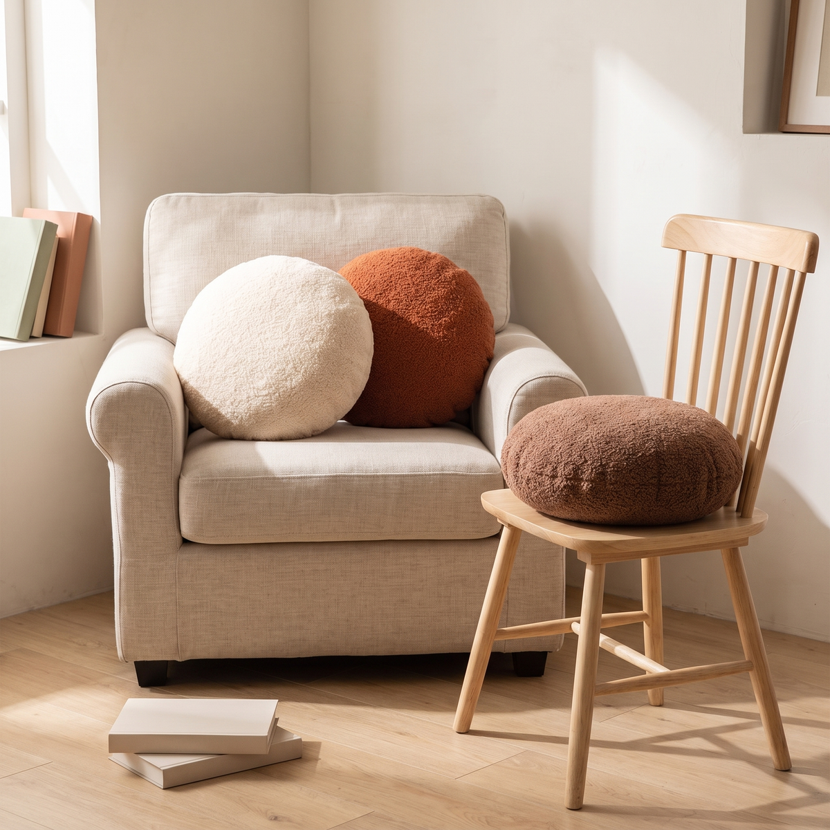 Round teddy cushions in cream, rust and brown in a reading nook