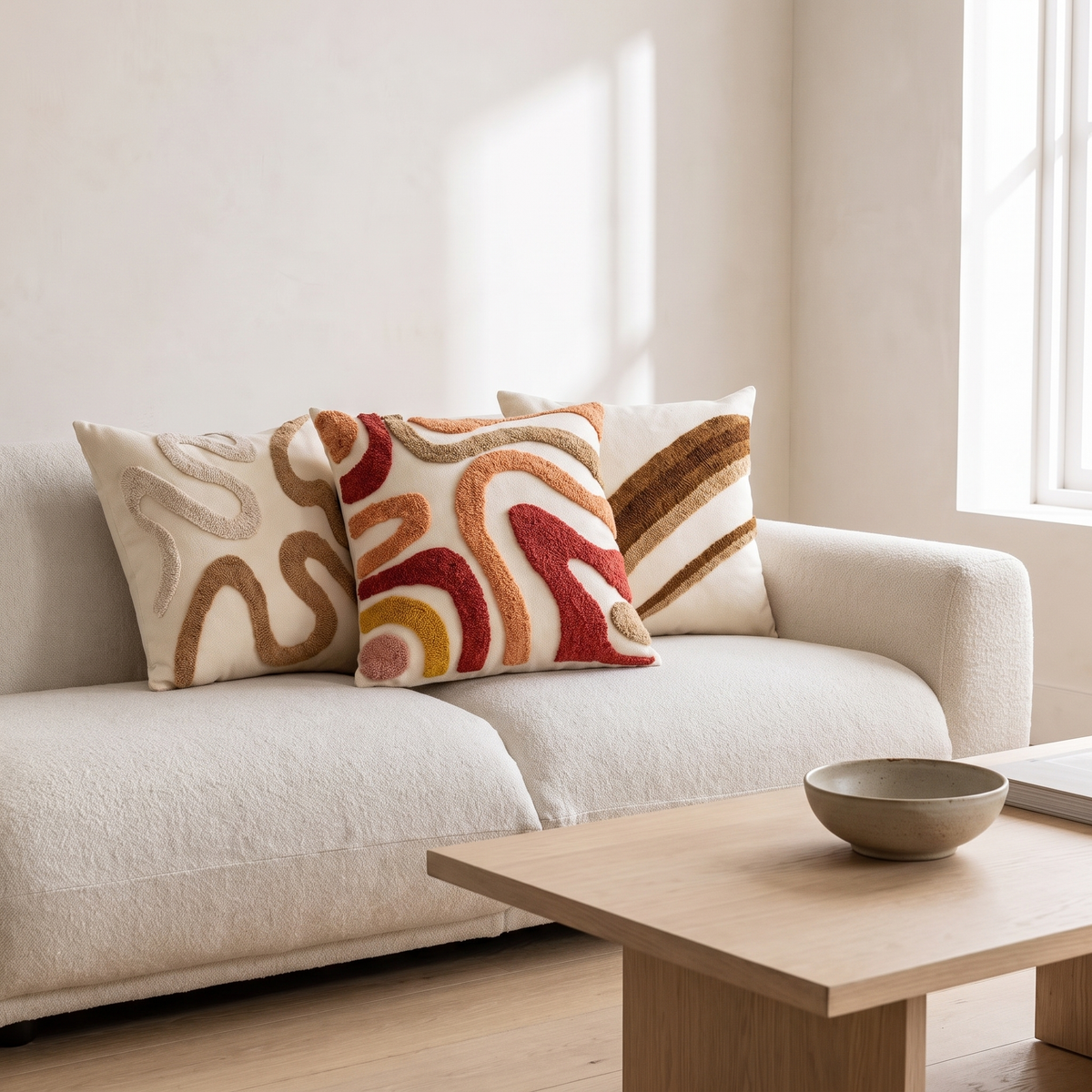 Tufted abstract cushion covers on a cream sofa