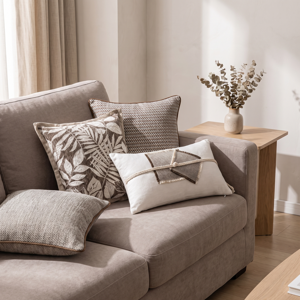 Chenille jacquard cushion covers on a taupe sofa