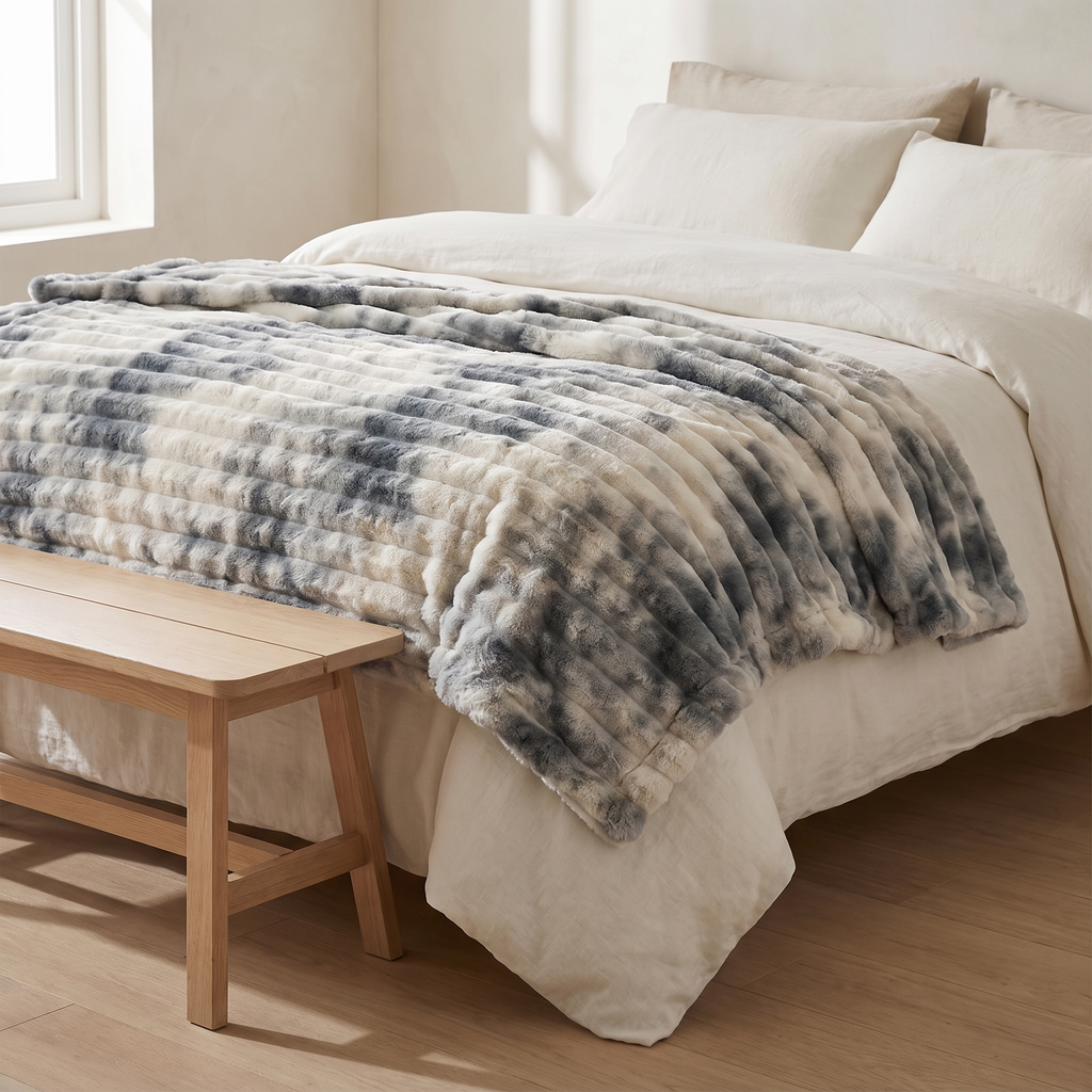 Faux rabbit fur throw in misty grey across the foot of a bed