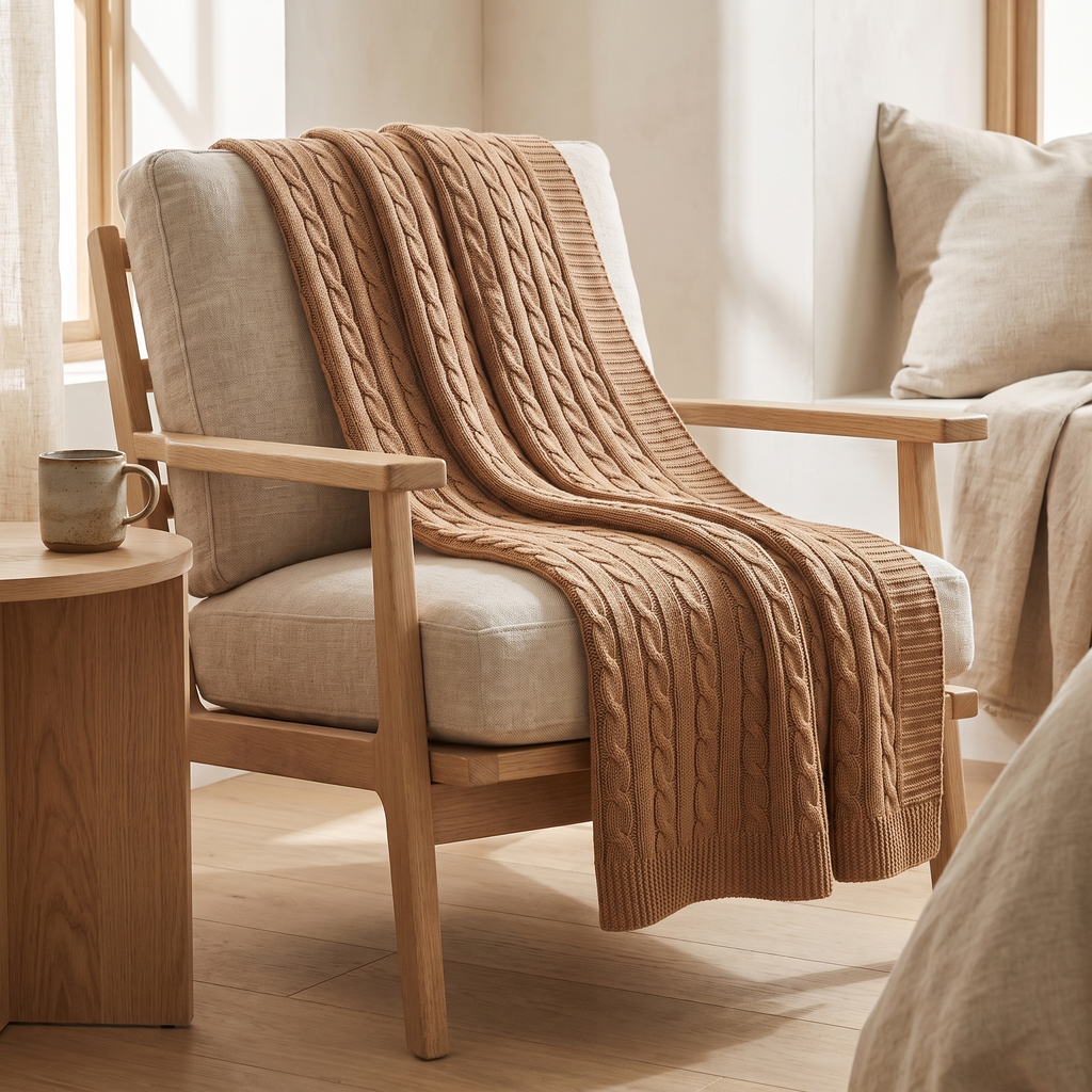 Cotton cable knit throw over an oak lounge chair