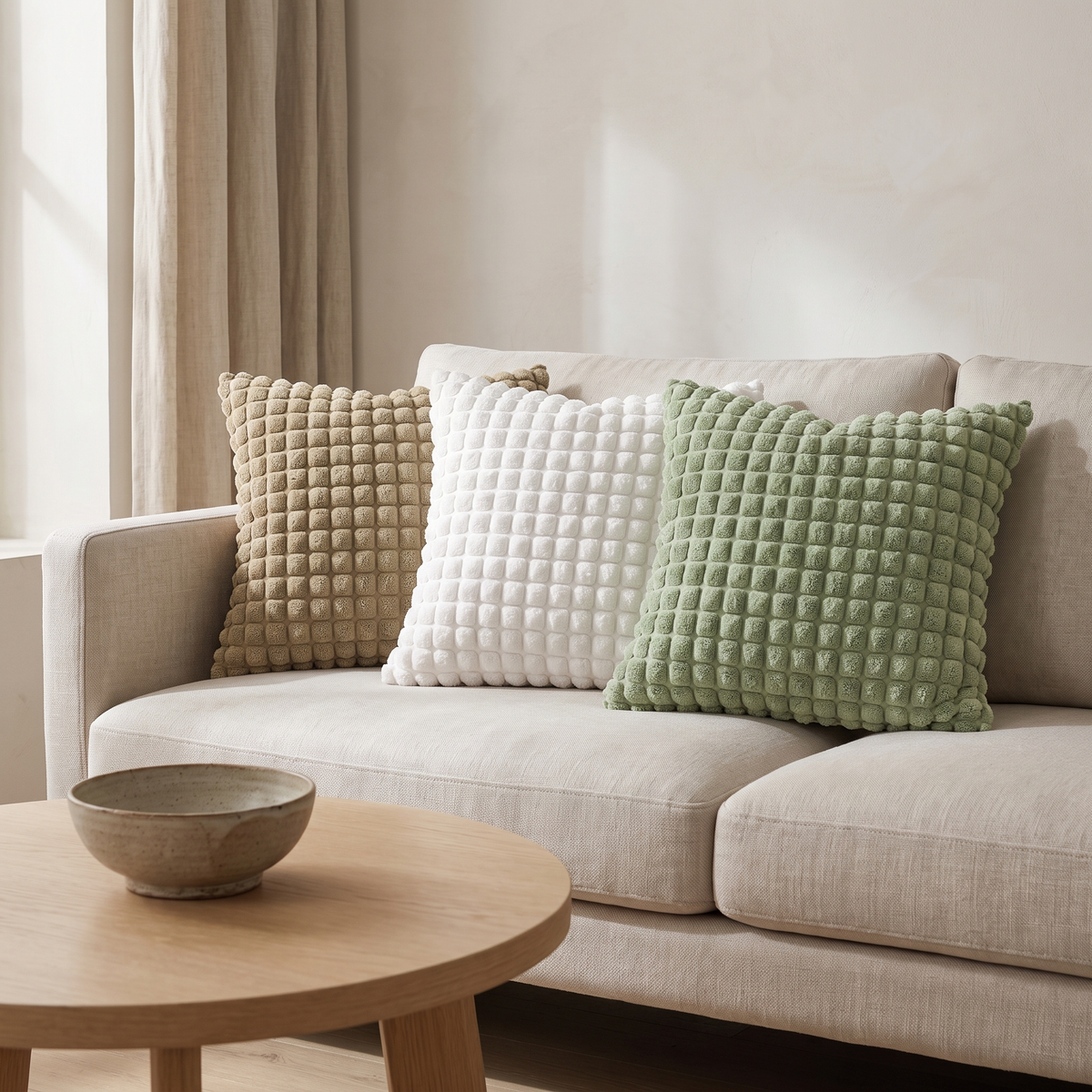Textured cushion covers in khaki, white and green on a sofa