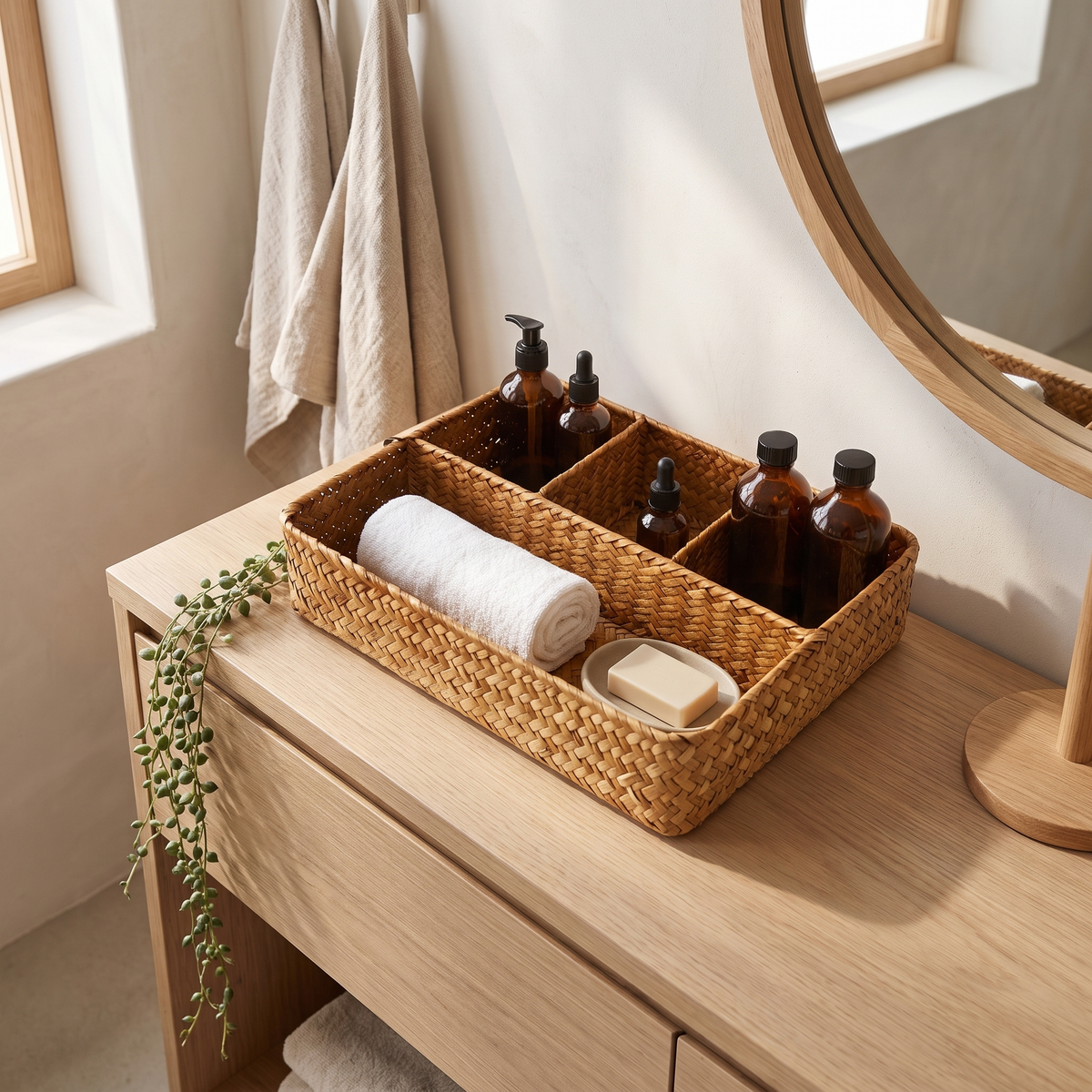 Seagrass organiser with four compartments on a bathroom vanity