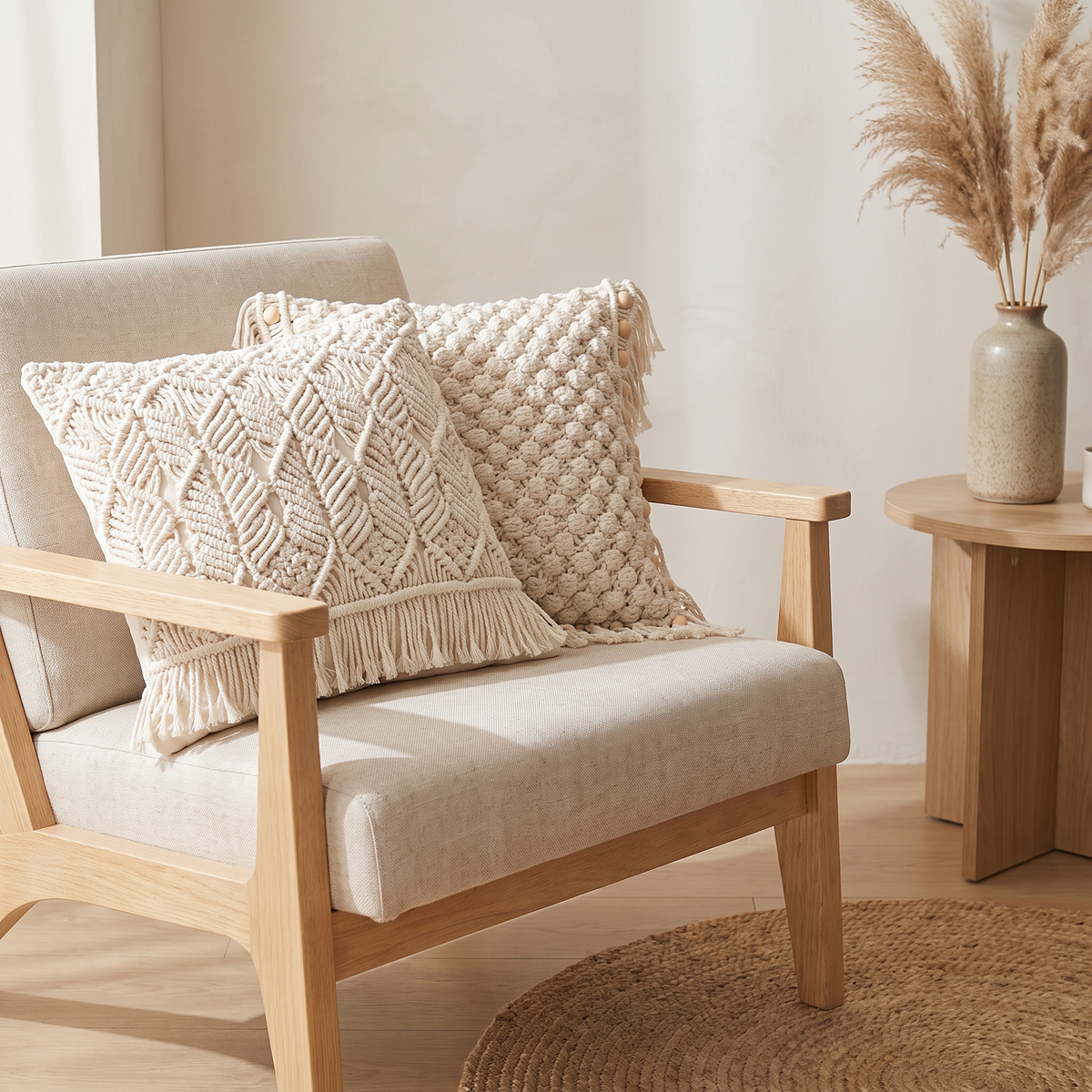 Cream macrame and knit cushion covers on an oak chair