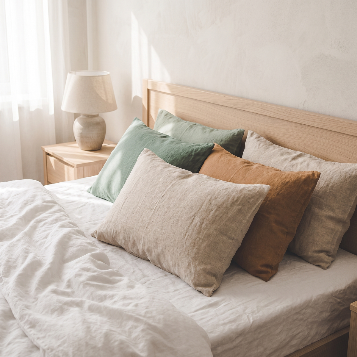 Linen pillowcases in natural, caramel and green on a bed