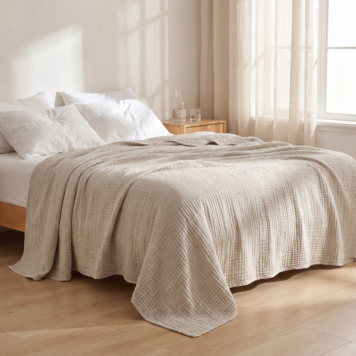 Cotton muslin throw as a summer bedspread