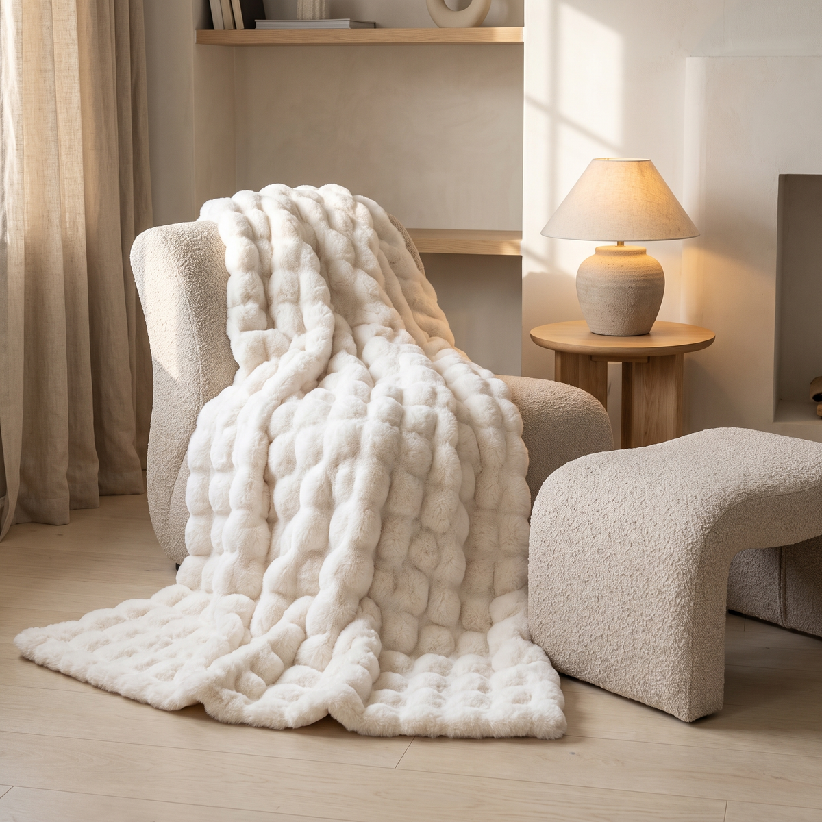 White faux fur bubble throw over a lounge chair