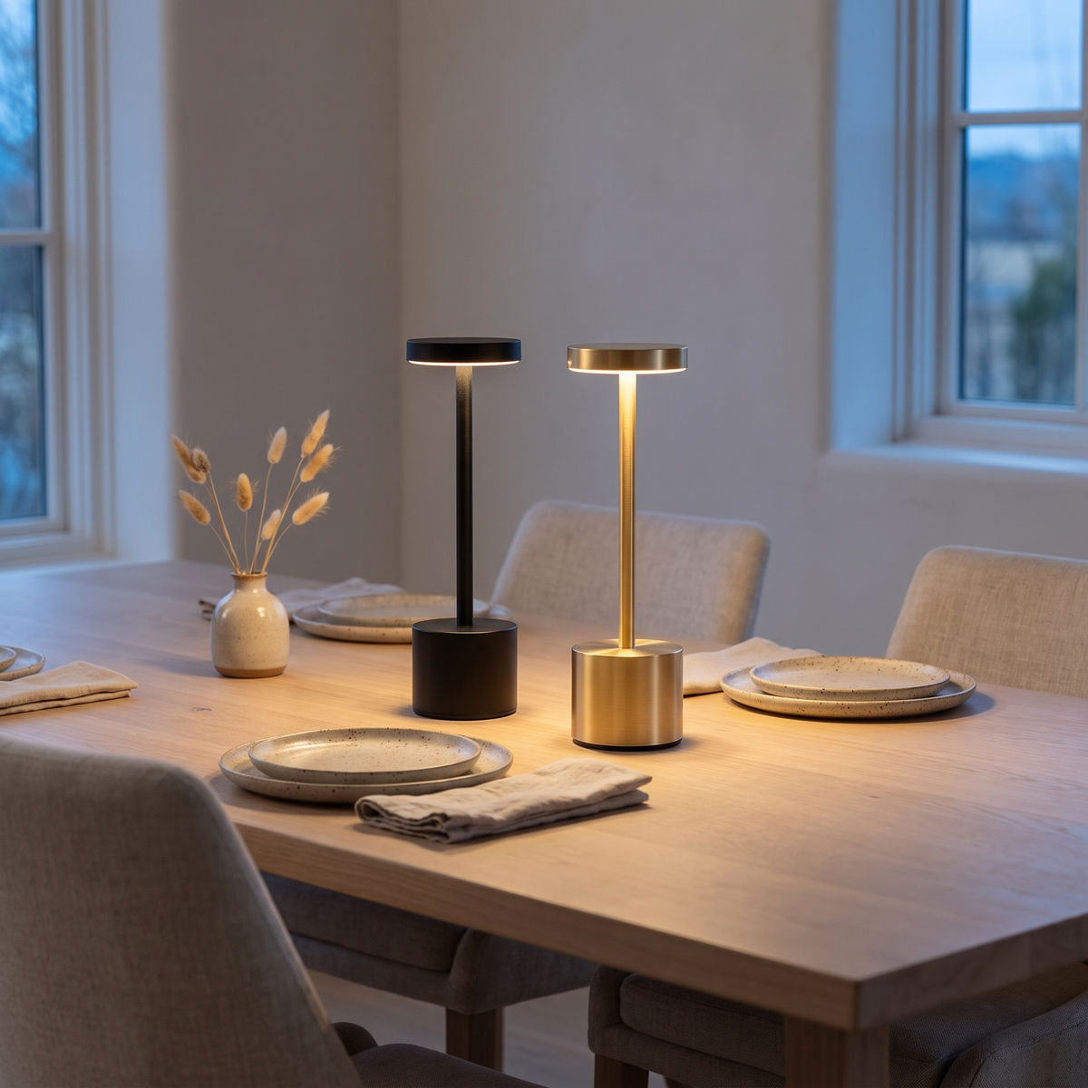Cordless table lamps in black and gold on a dining table at dusk