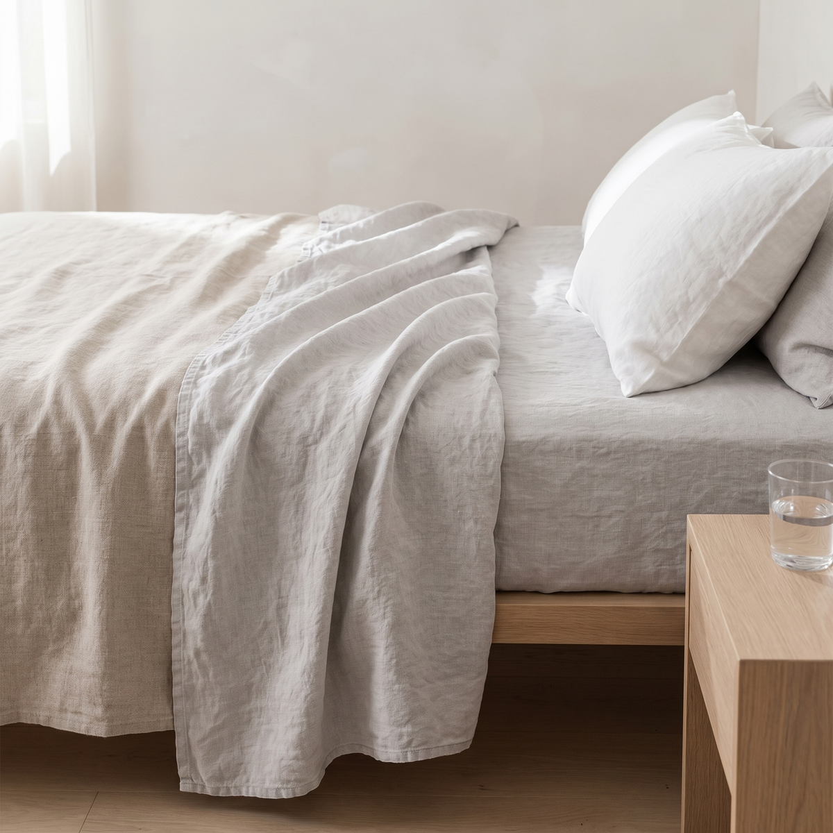 Stone washed linen flat sheet turned down on a bed