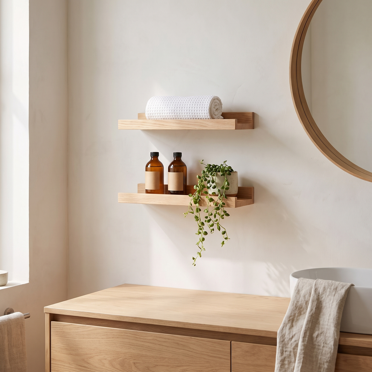 Wooden ledge shelves on a bathroom wall