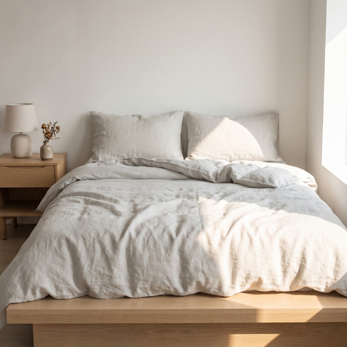 Stone washed linen duvet cover and pillowcases on an oak bed