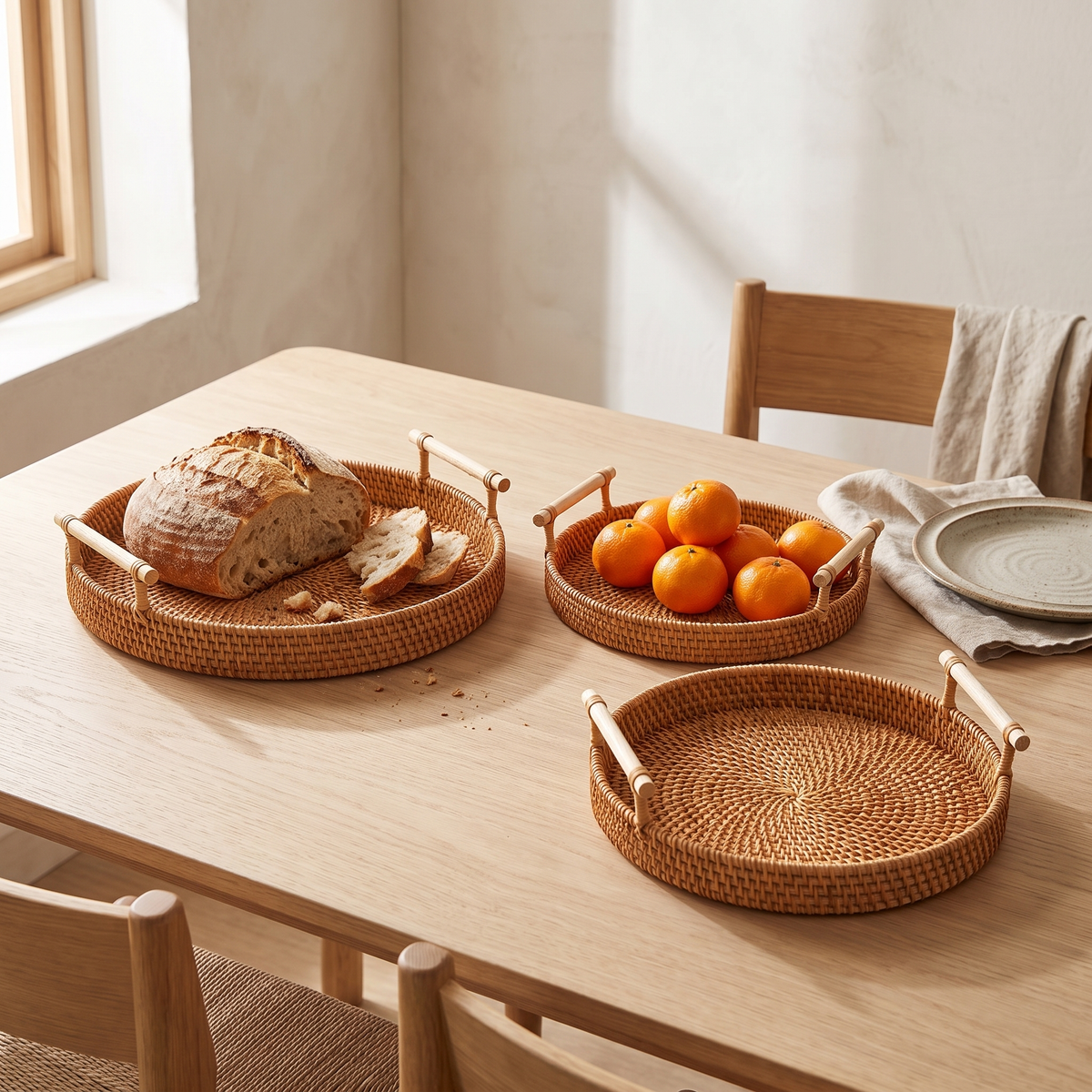 Three rattan bread baskets with wooden handles on a dining table