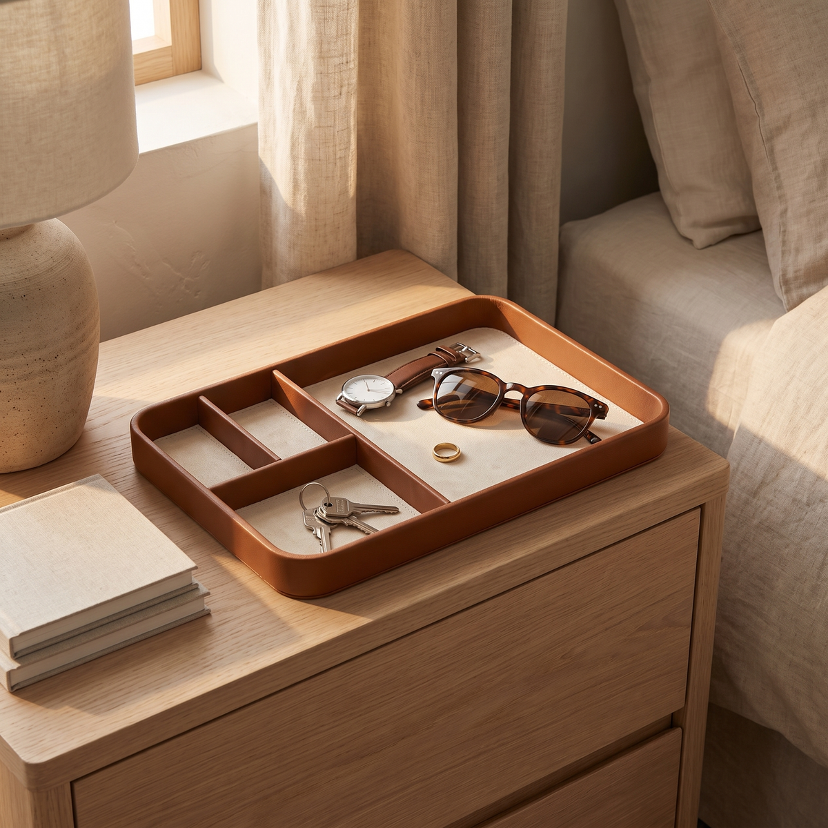 Valet tray with compartments on a bedside chest