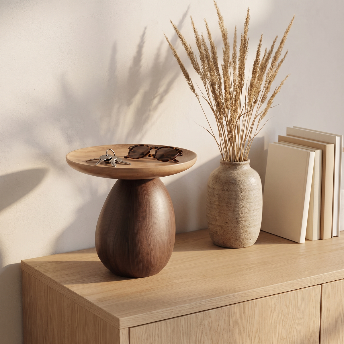 Sculptural pedestal key tray on an oak sideboard