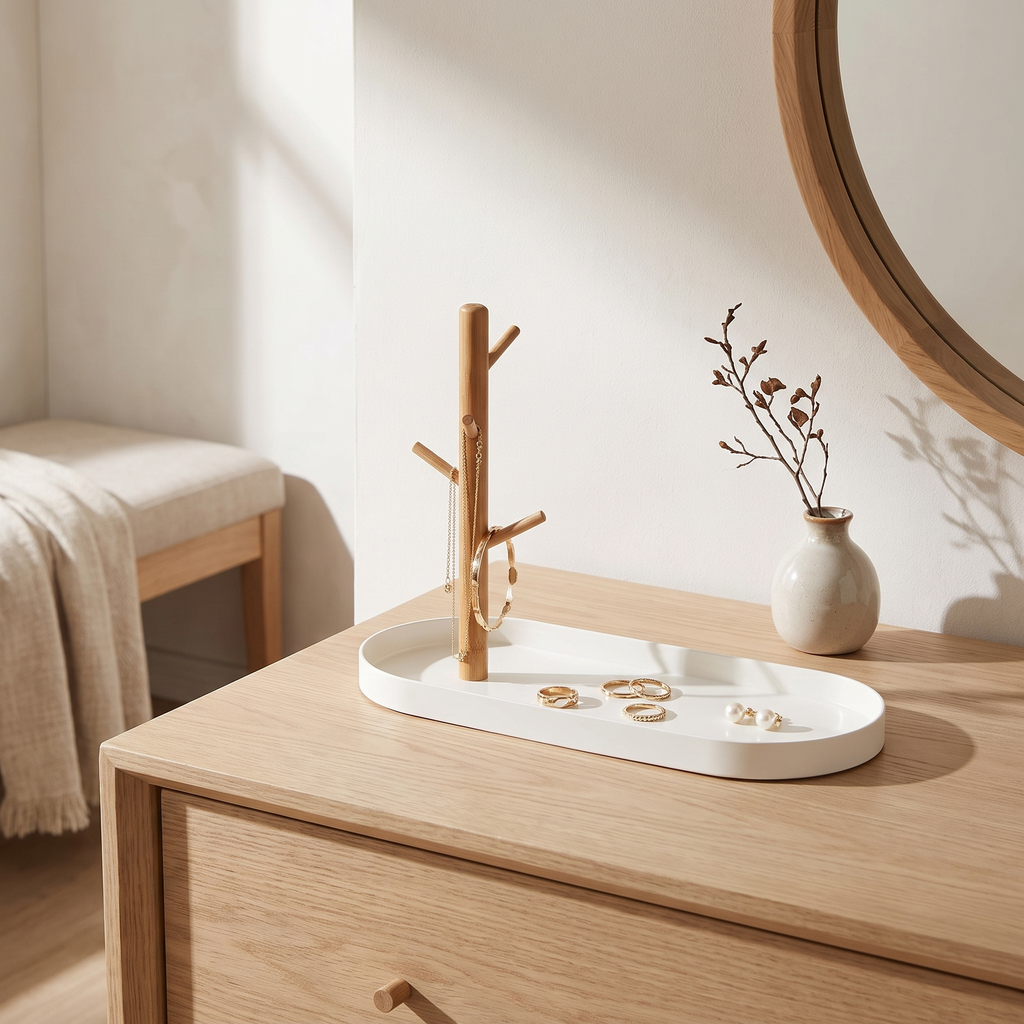 White tray with wooden jewellery rack on a dresser