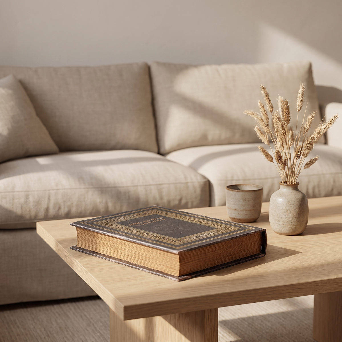 Decorative faux leather book box on a coffee table