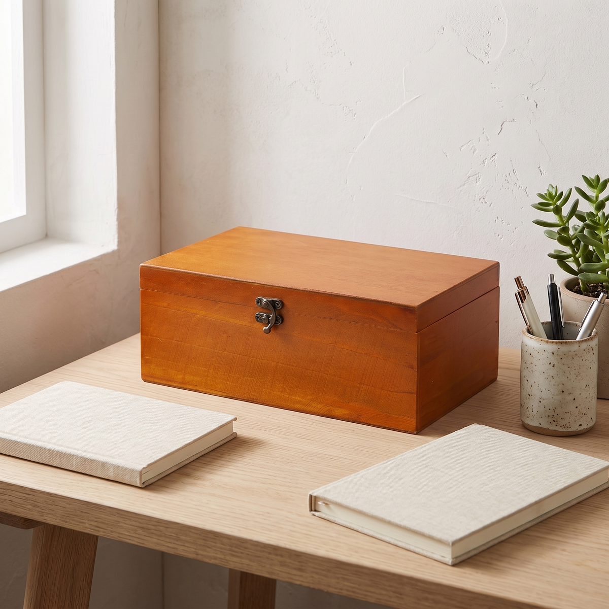 Wooden storage box with latch on a home office desk