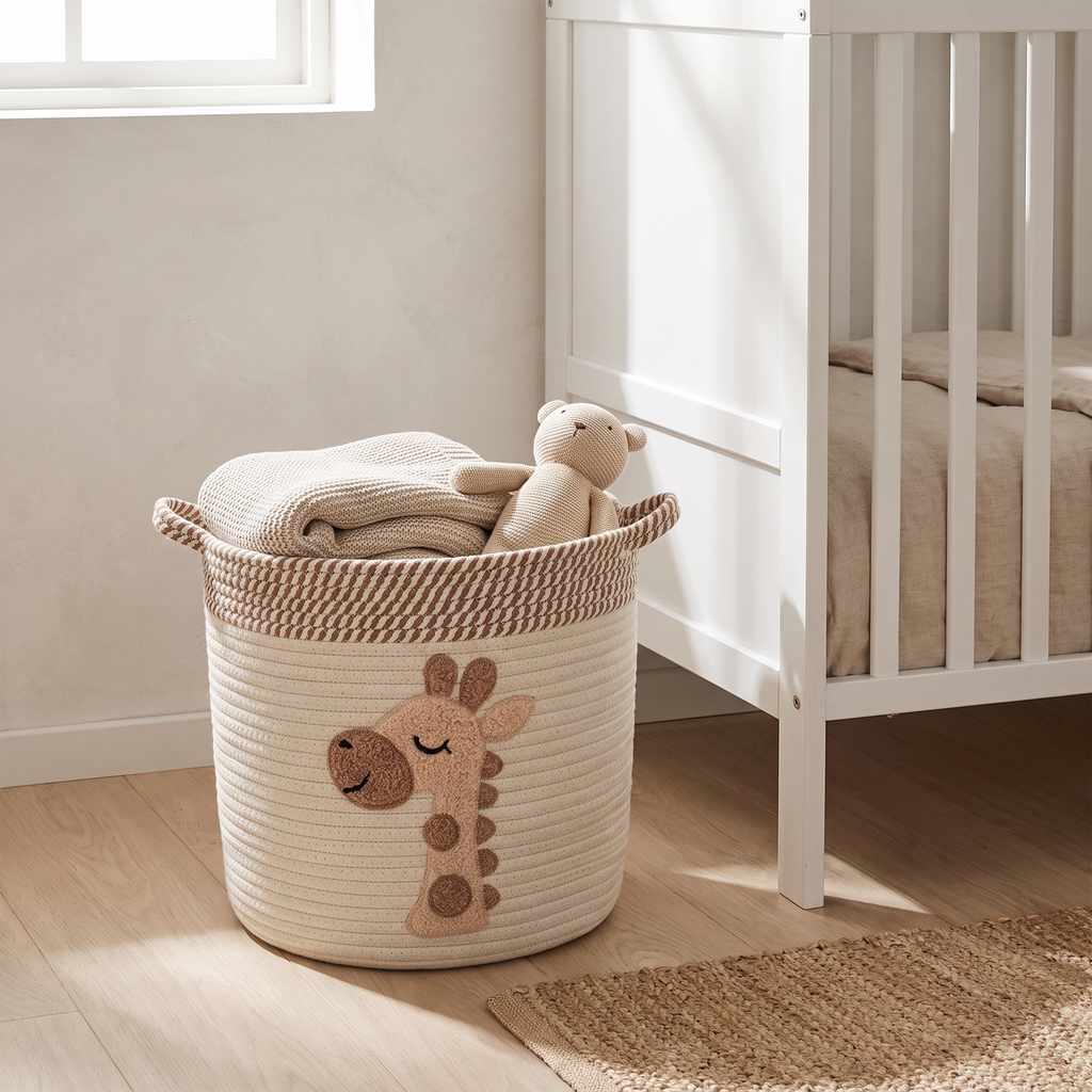 Cotton rope giraffe storage basket in a nursery