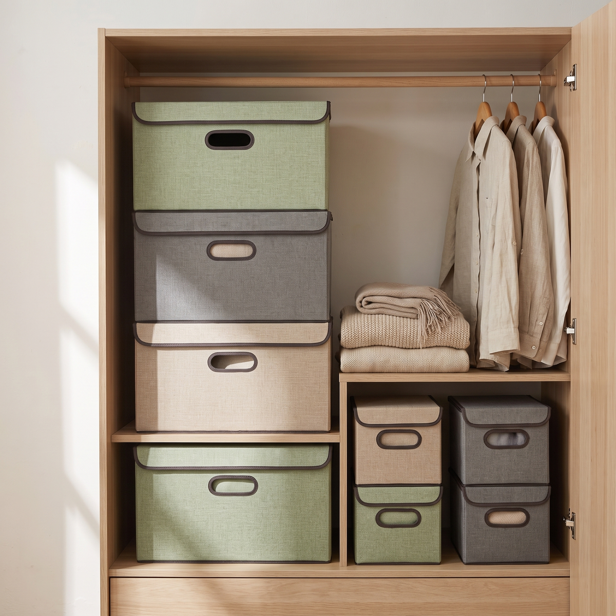 Fabric storage boxes with lids in green, beige and grey in a wardrobe