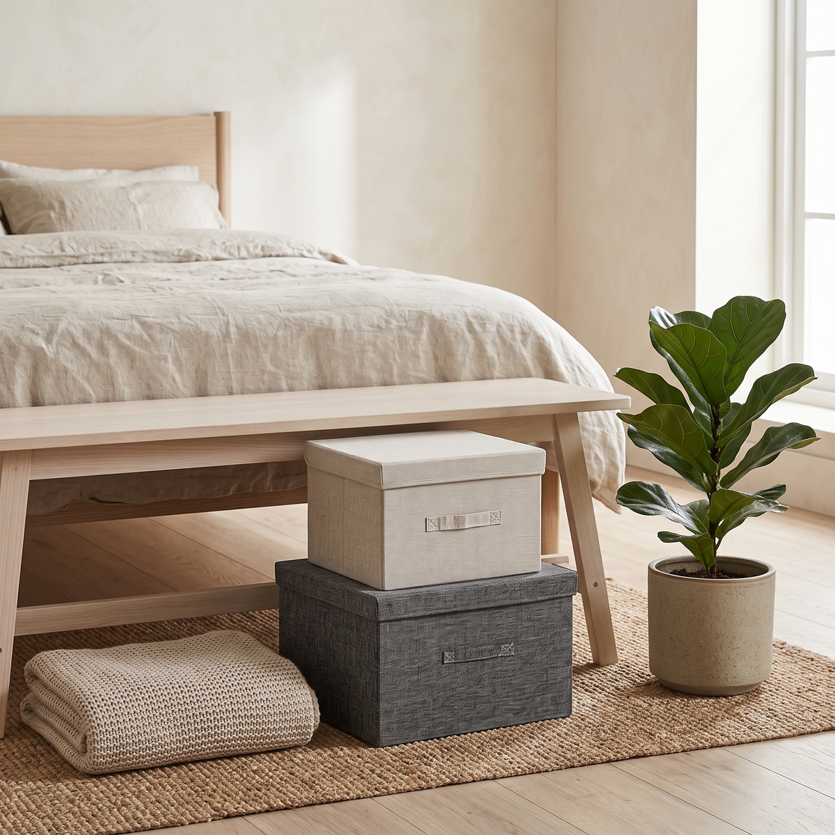 Two-tone cotton linen storage boxes under a bedroom bench