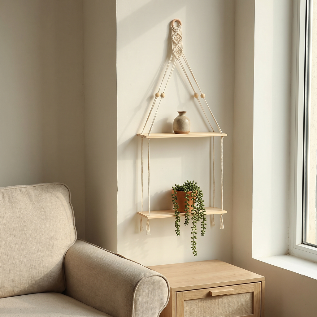 Macrame two-tier hanging wall shelf in a living room