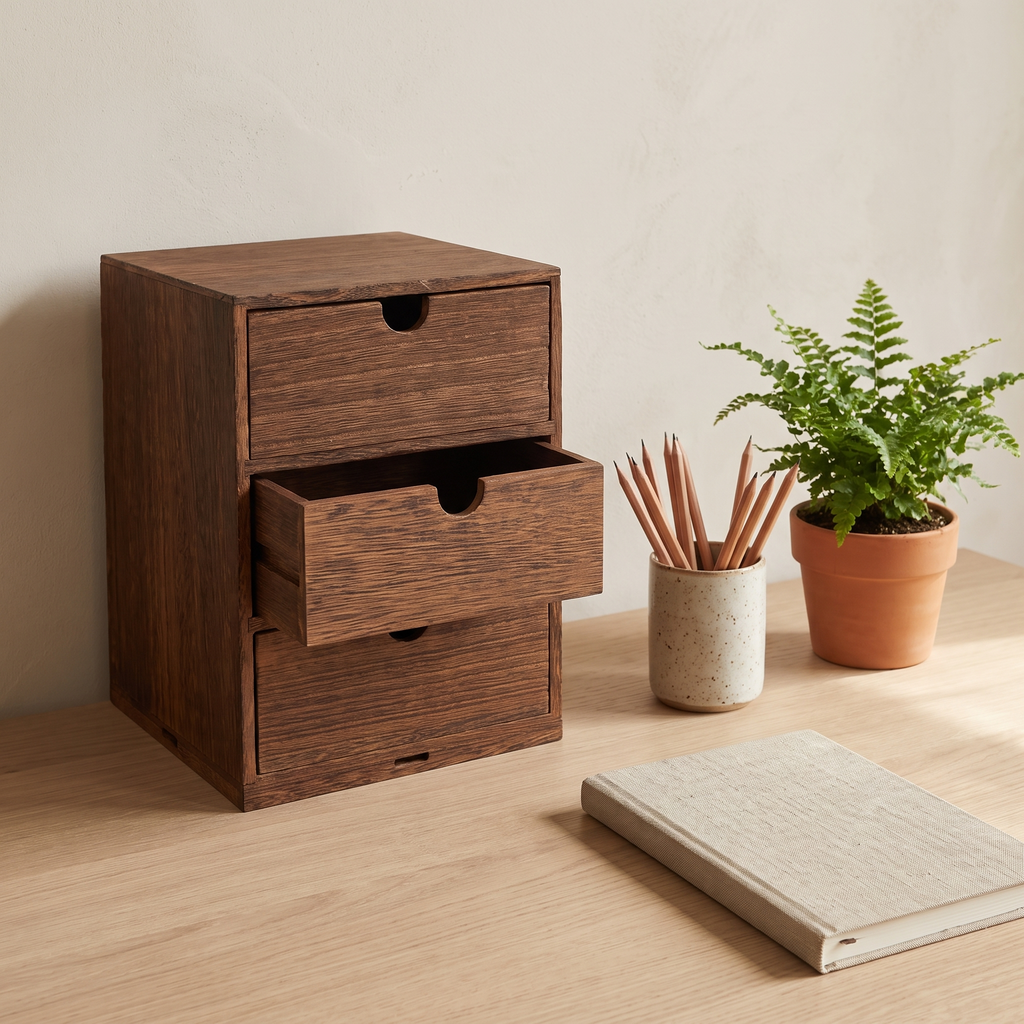 Three-drawer wooden desktop organiser on an oak desk