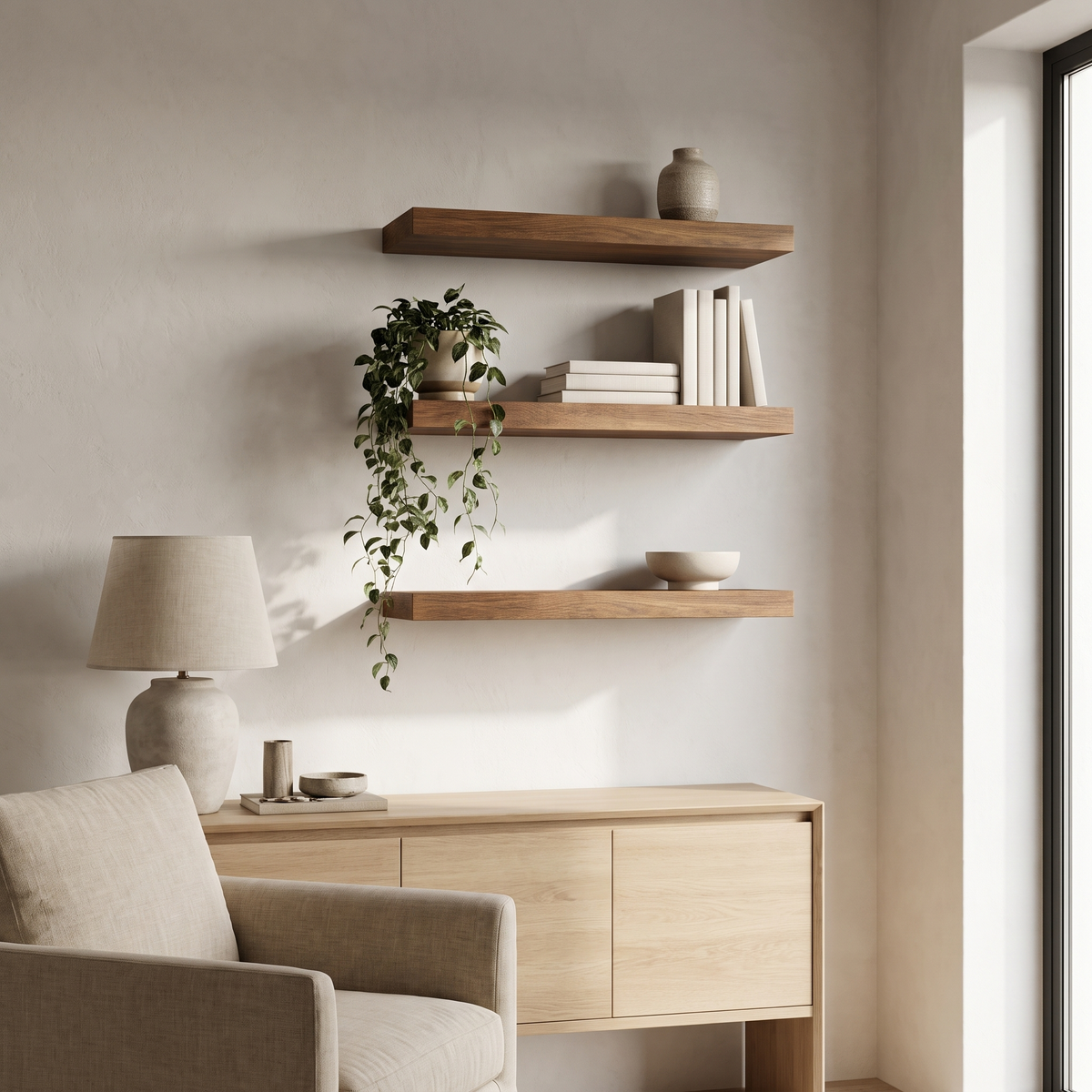 Brown wooden floating shelves above an oak sideboard