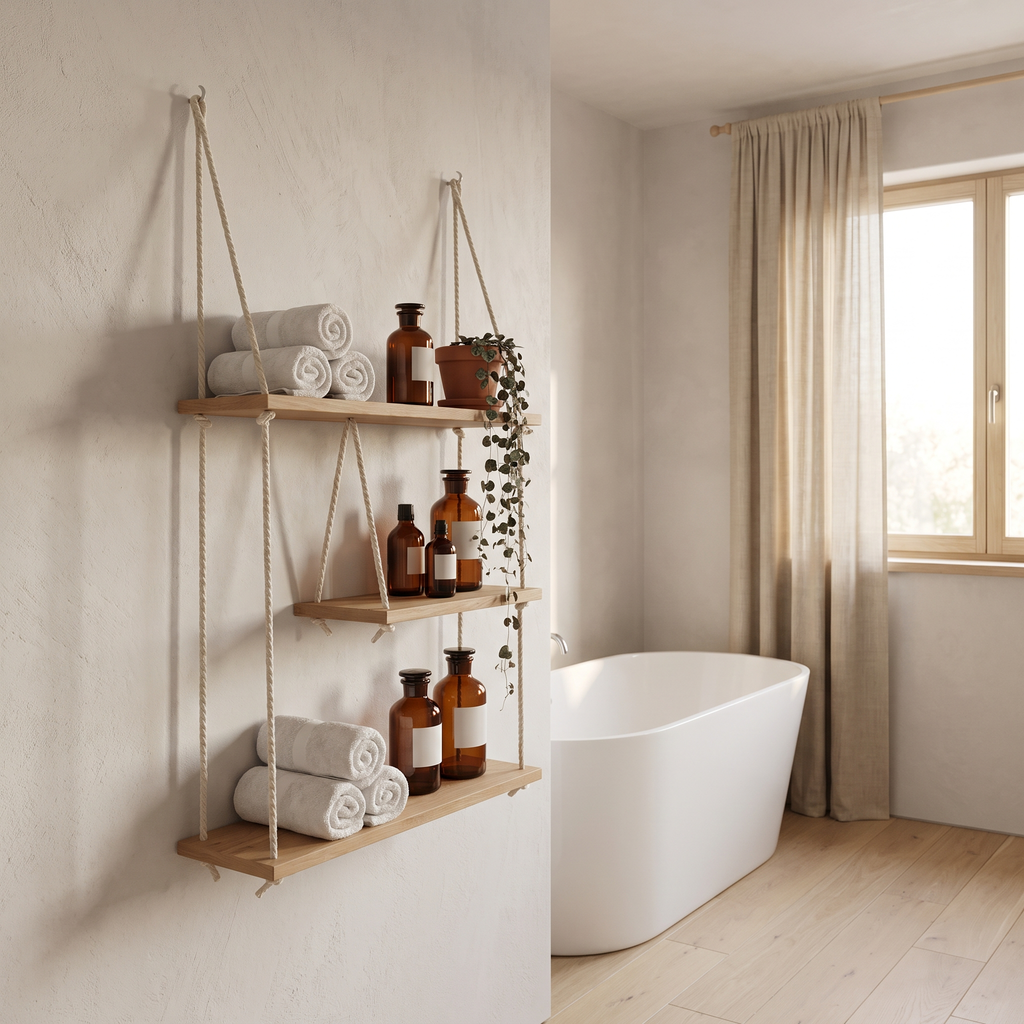 Rope hanging wooden wall shelf in a bathroom