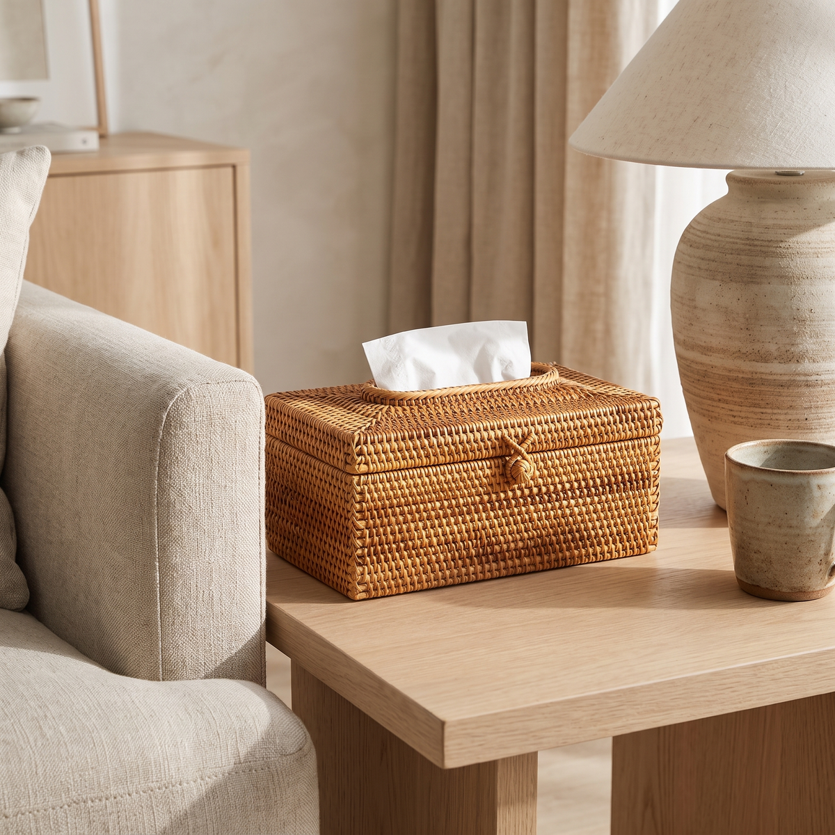 Rattan tissue box cover on a side table