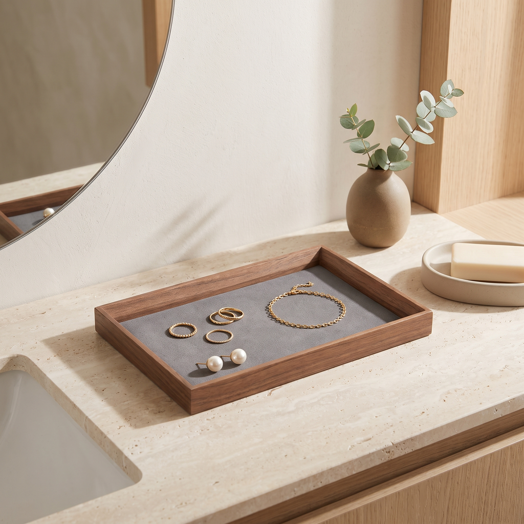 Walnut jewellery display tray with grey insert on a vanity