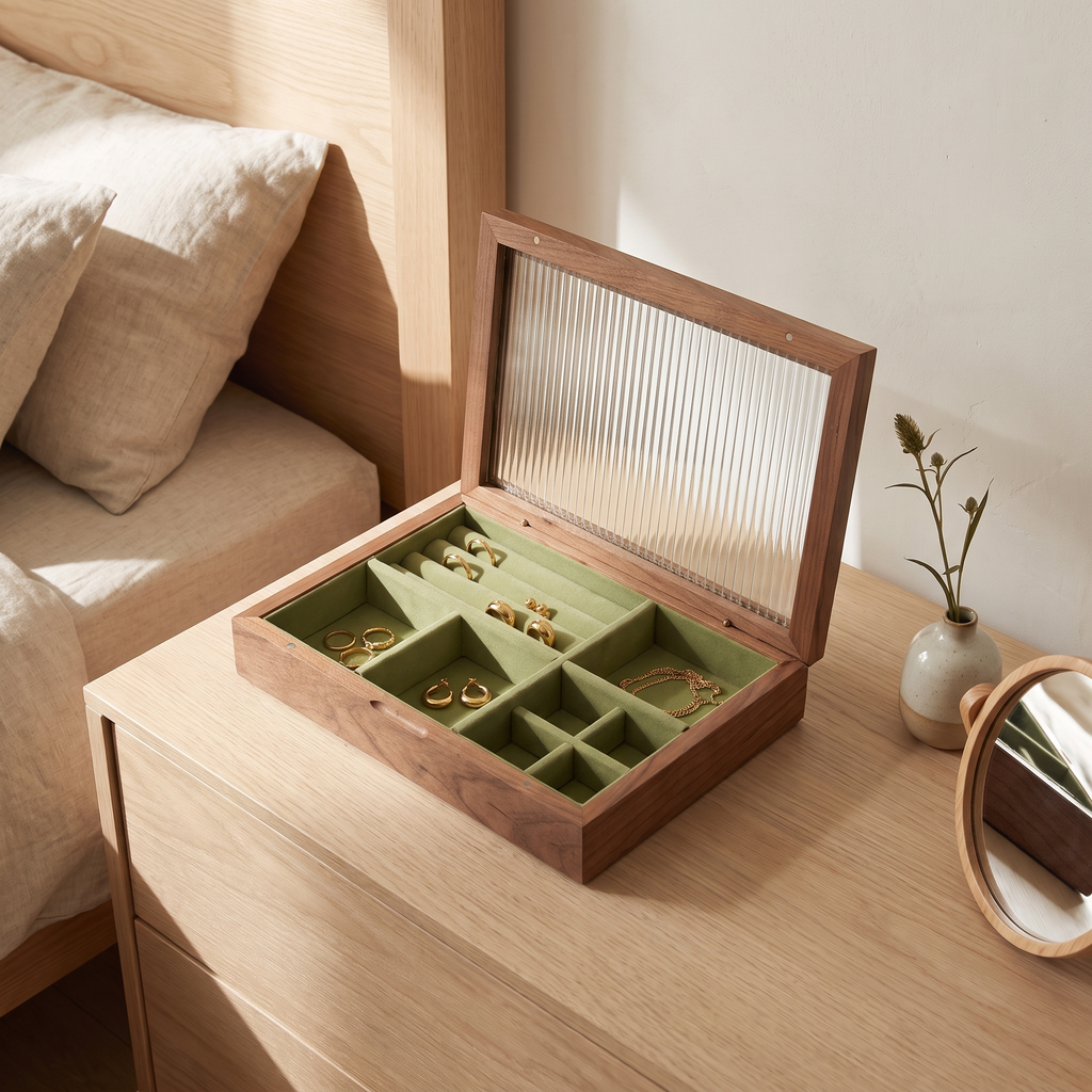 Walnut jewellery box with fluted glass lid and green lining
