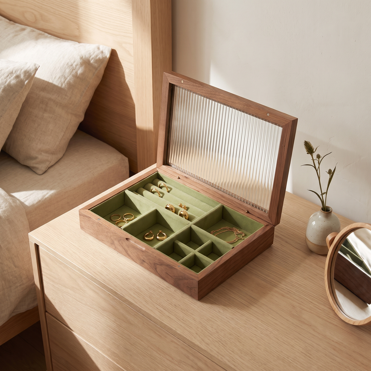 Walnut jewellery box with fluted glass lid and green lining
