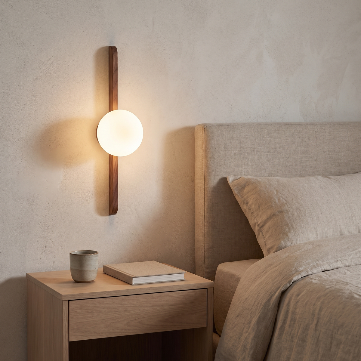 Walnut bar wall sconce with glass globe above a bedside table