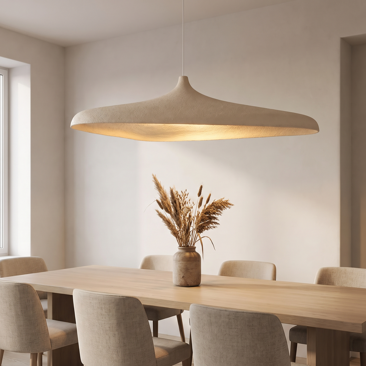 Wide wabi-sabi pendant light over an oak dining table