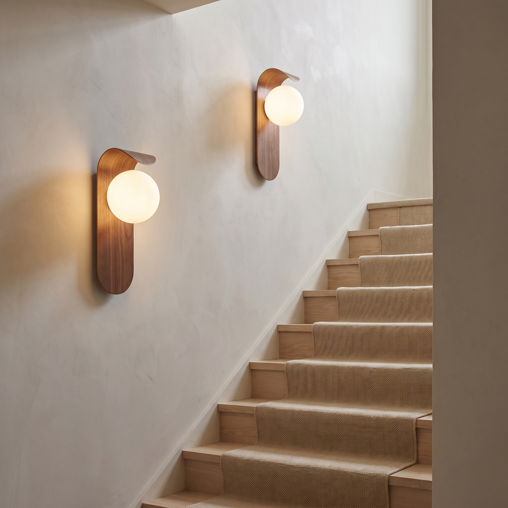 Walnut wood-grain wall sconces lighting a staircase
