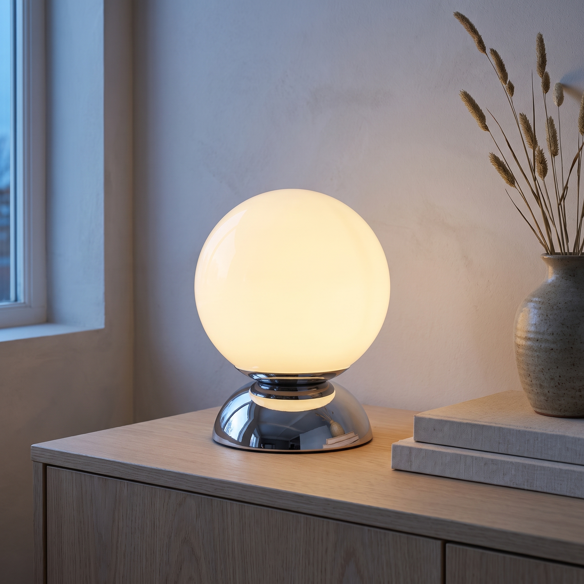 Glass globe table lamp on a chrome plinth glowing on a sideboard