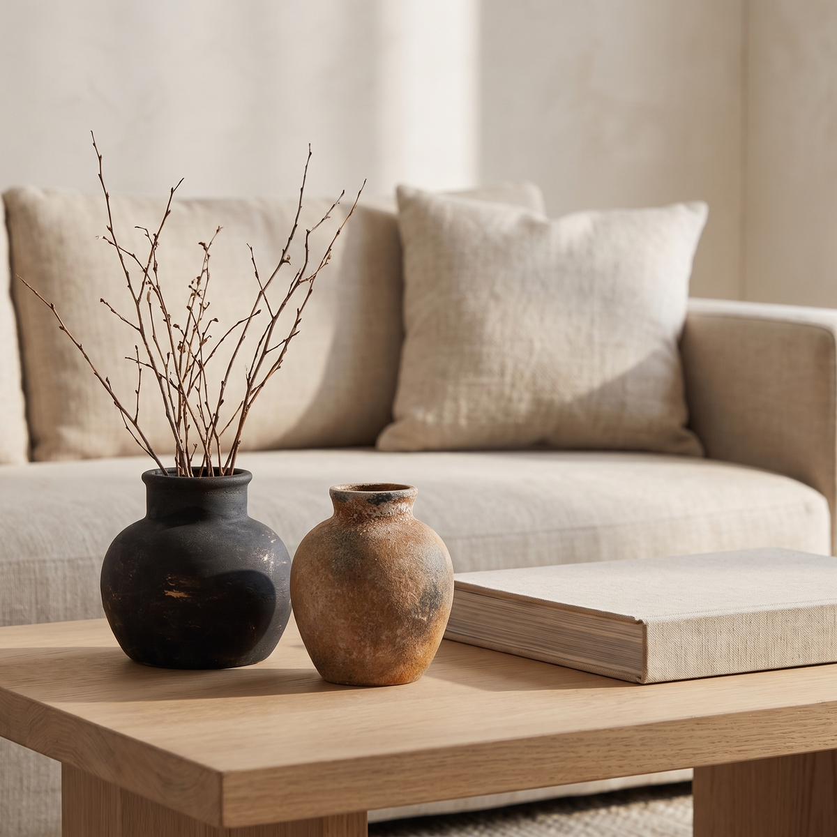 Rustic ceramic vases in black and rust on a coffee table
