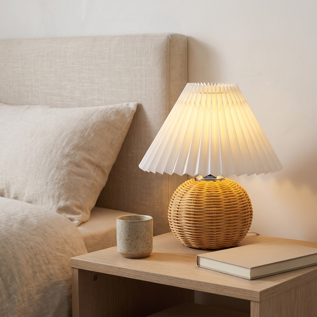 Rattan table lamp with pleated shade on a bedside table
