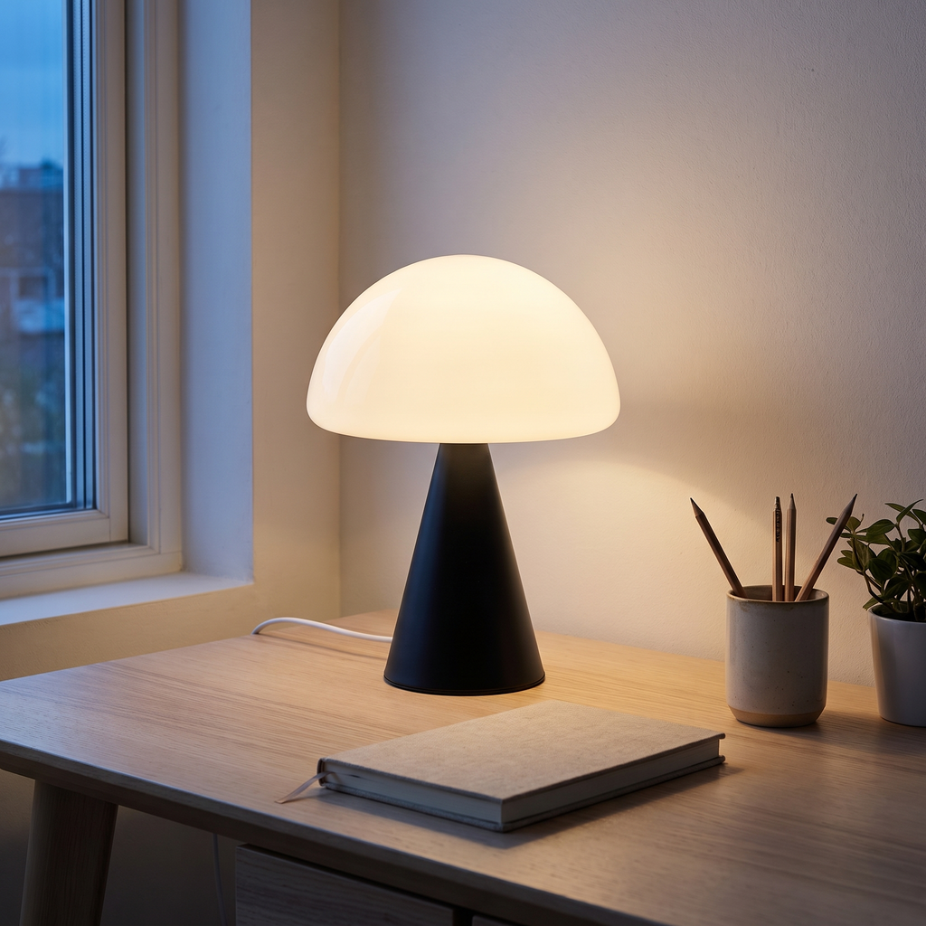 Glass mushroom desk lamp with black base on an oak desk