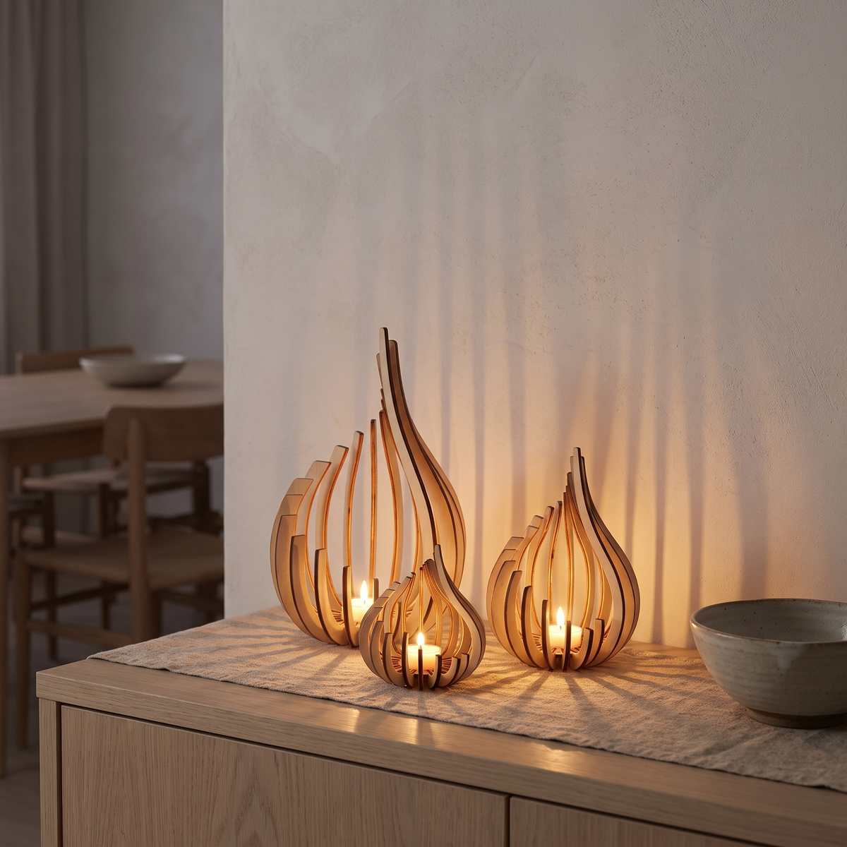Three wooden rib candle lanterns glowing on a sideboard