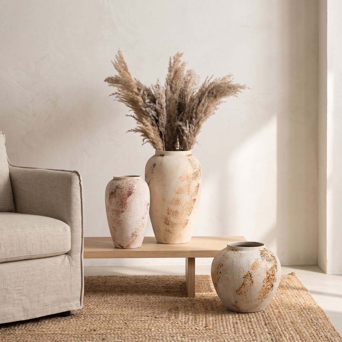 Mottled ceramic jar vases in three sizes with pampas grass