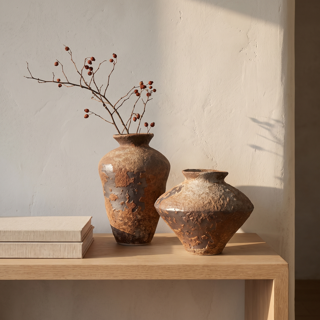 Handmade coarse ceramic vases with dried branches on an oak console