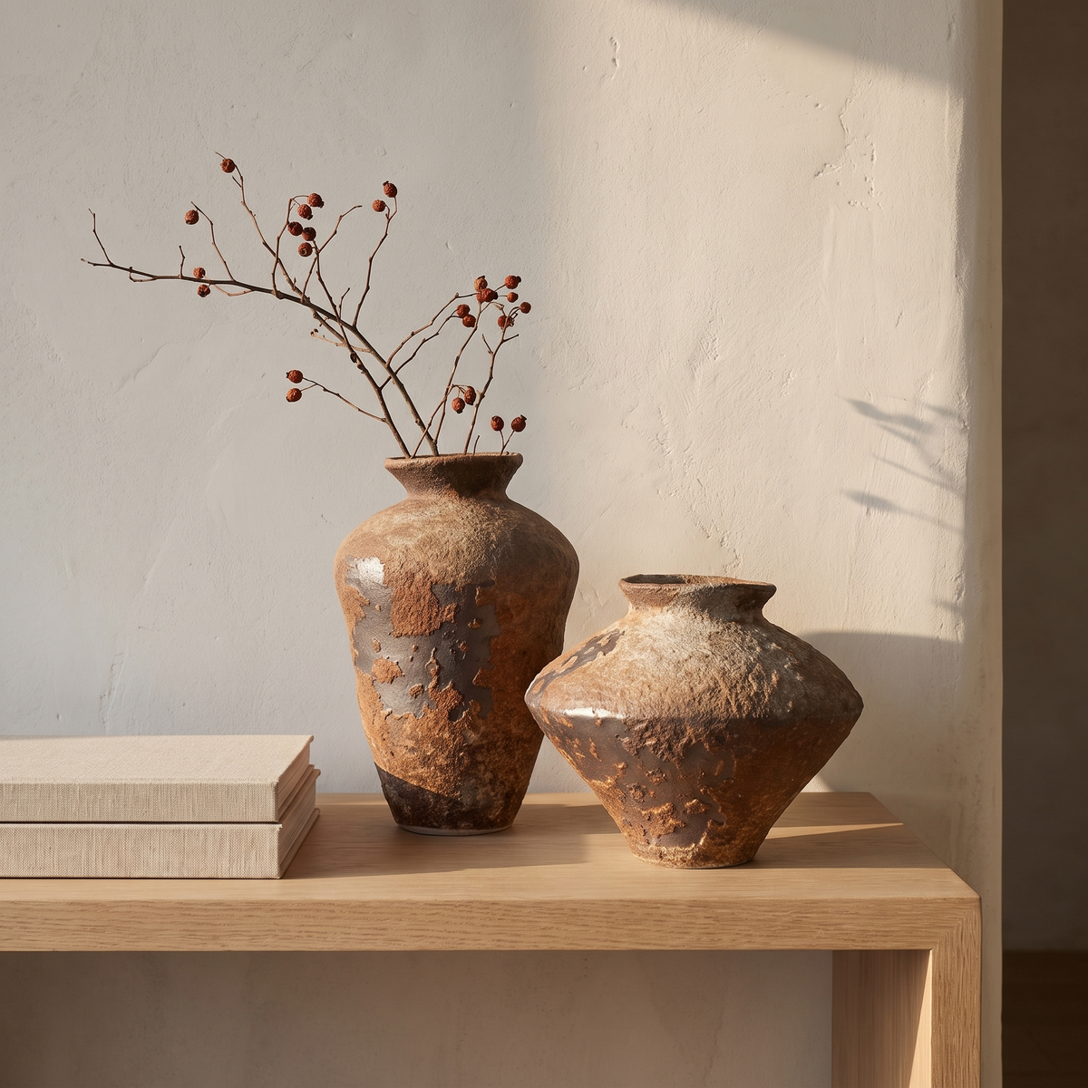 Handmade coarse ceramic vases with dried branches on an oak console
