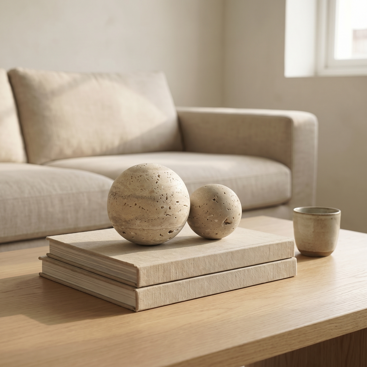 Travertine stone spheres on books on a coffee table