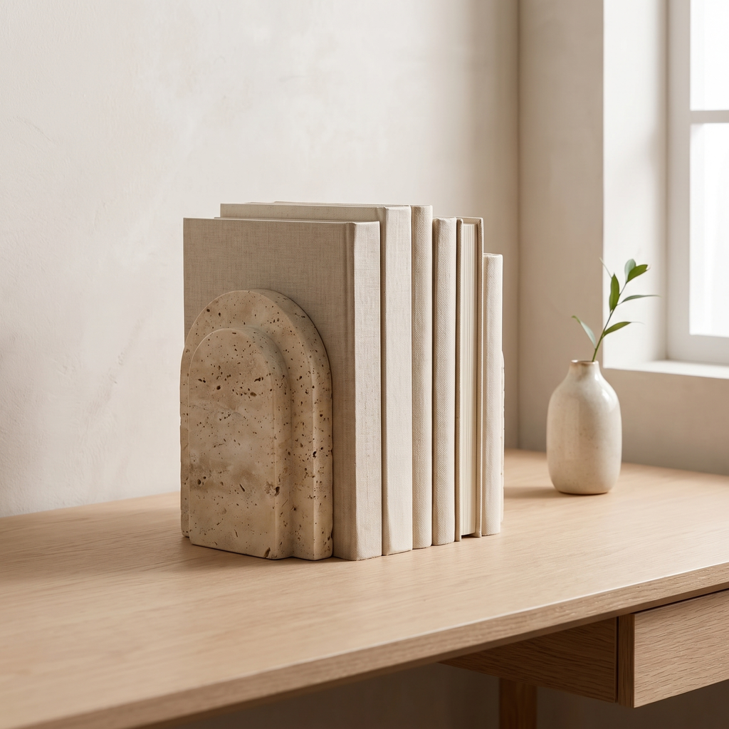Travertine bookend holding books on an oak desk