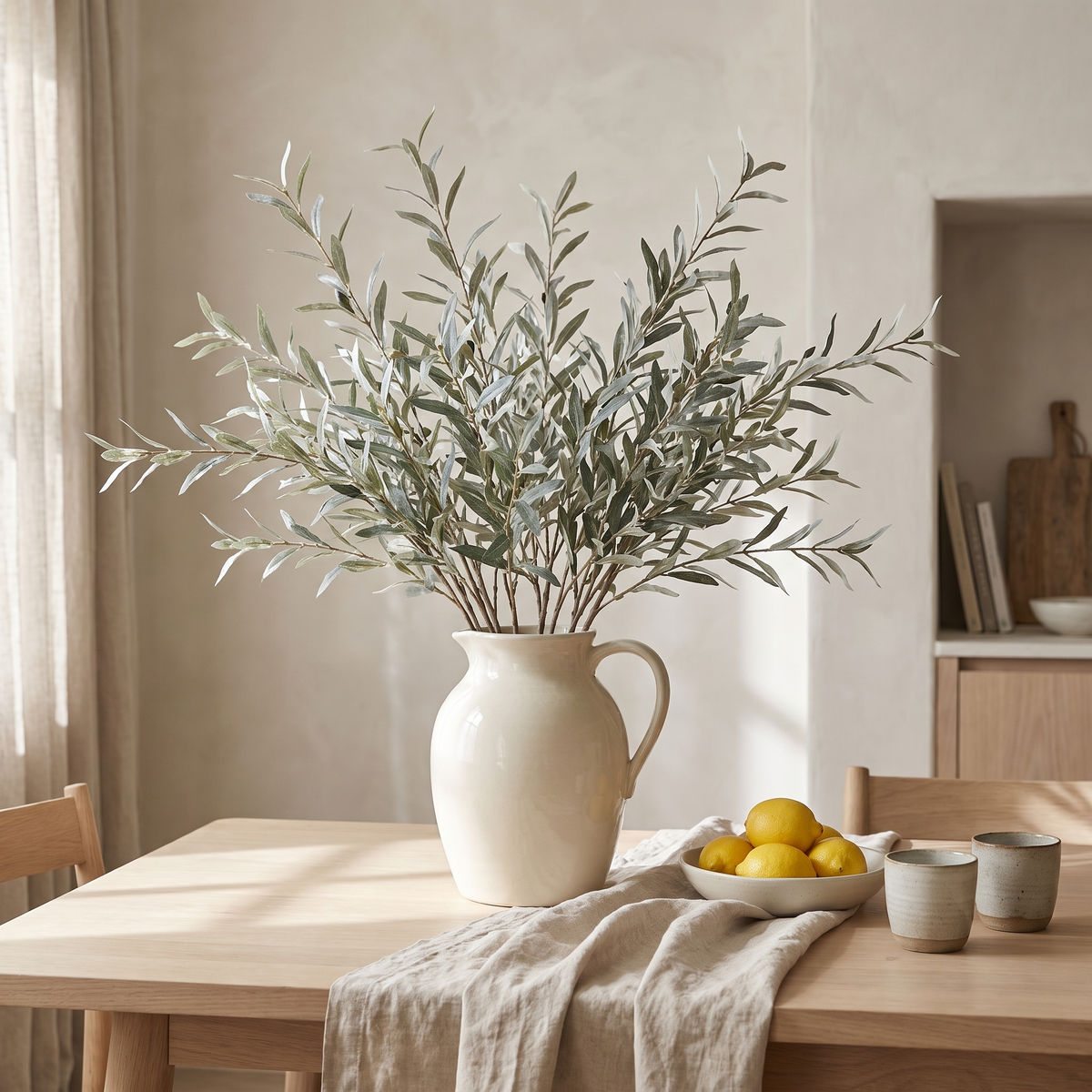 Artificial olive branches in a cream jug on a dining table