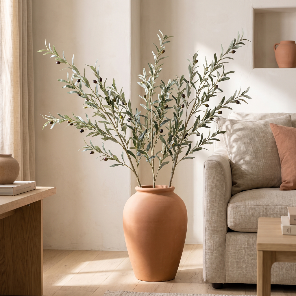Artificial olive branches with fruit in a terracotta floor vase