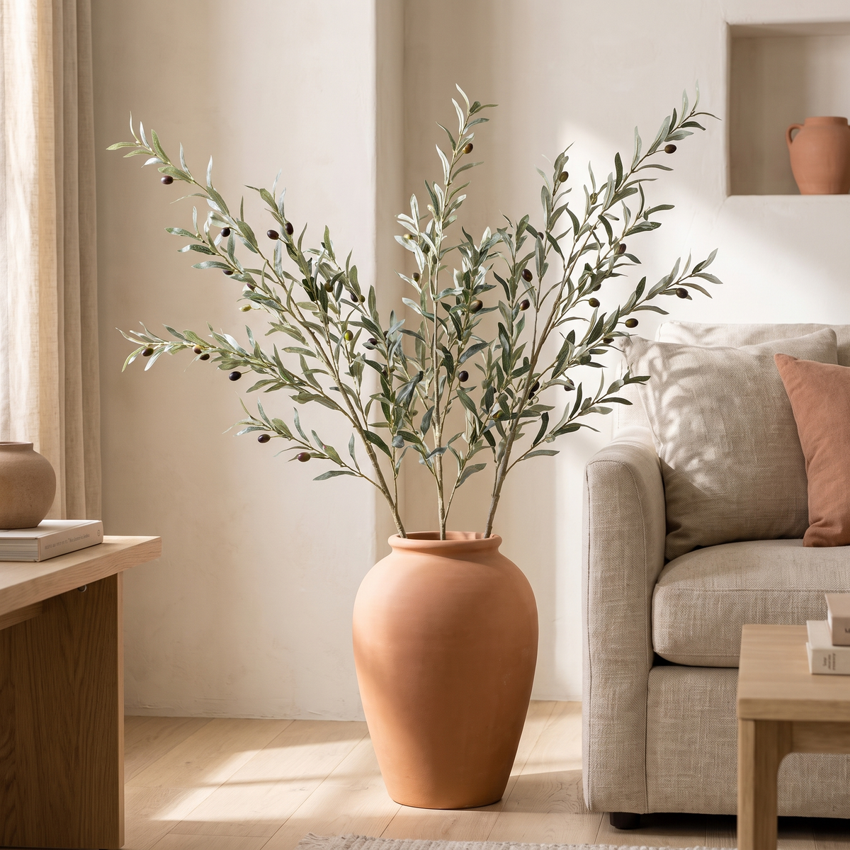 Artificial olive branches with fruit in a terracotta floor vase