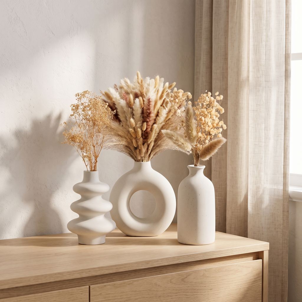 Set of three white ceramic vases with dried flowers on a dresser