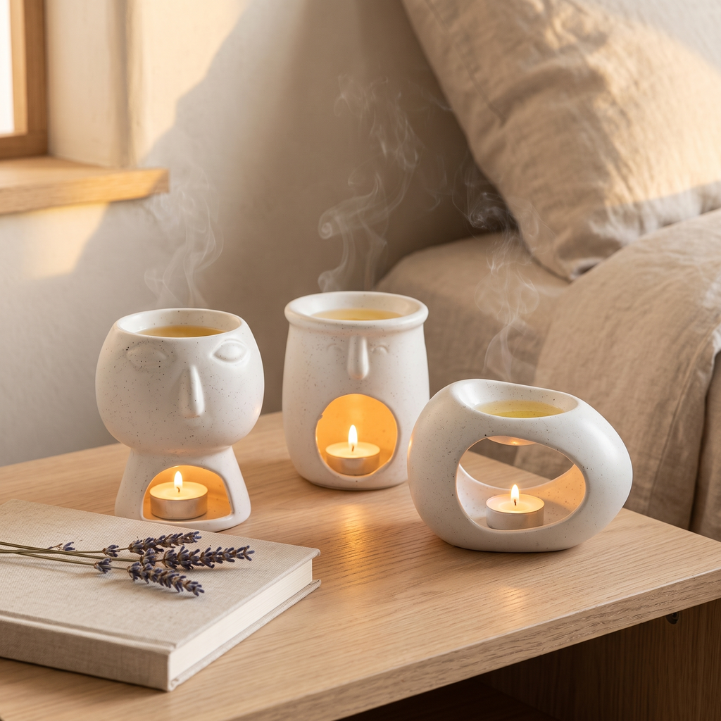 Three white ceramic oil burners glowing on a bedside table